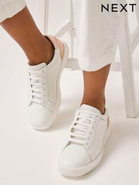 White with Rose Gold Wide Fit Signature Leather Lace-Up Trainers (T10382) | €10
