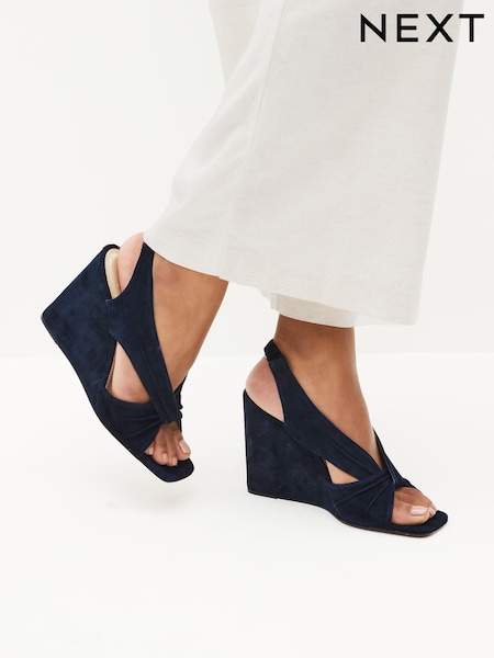 Navy Blue Signature Leather Knot Wedges (T11246) | €39