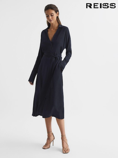Reiss Navy Cecily Wrap Shirt Midi Dress (T11380) | €96