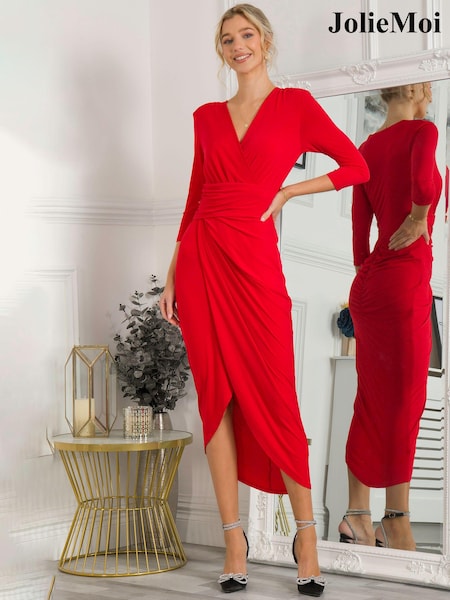 Jolie Moi Red Parris Jersey Draped Bodycon Dress (T12315) | €18