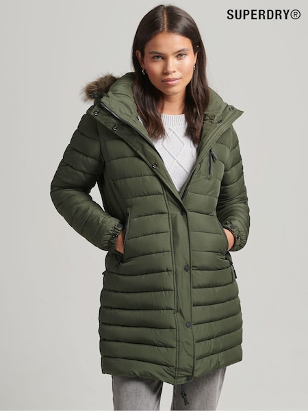 Superdry Green Faux Fur Hooded Mid Length Puffer Jacket (T13449) | €66