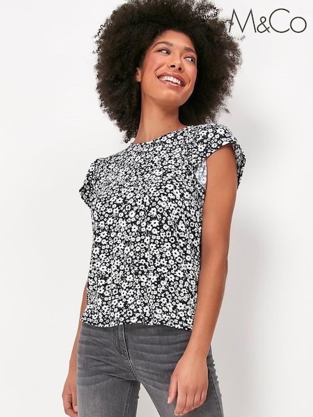 M&Co Navy Blue Ditsy Floral Flutter Sleeve Top (T16303) | €14.50