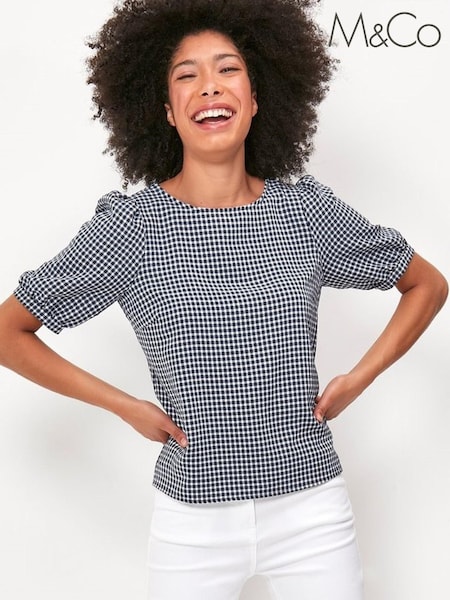 M&Co Blue Gingham Print Puff Sleeve Top (T16320) | €10