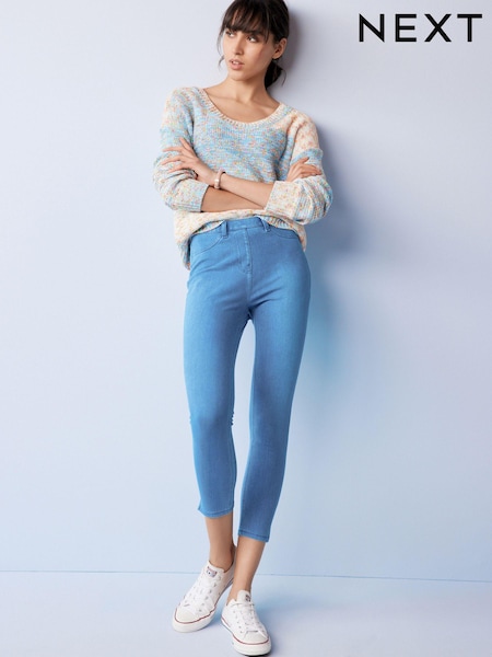 أزرق تبييض - Cropped Denim Jersey Capri Leggings (T16470) | ‏72 ر.س.‏ - ‏79 ر.س.‏