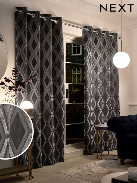 Charcoal Grey Collection Luxe Heavyweight Geometric Cut Velvet Lined Eyelet Curtains (T16914) | €97 - €194