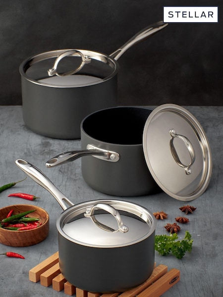 Stellar Grey Hard Anodised 3 Piece Non Stick Saucepan Set (T20338) | €201