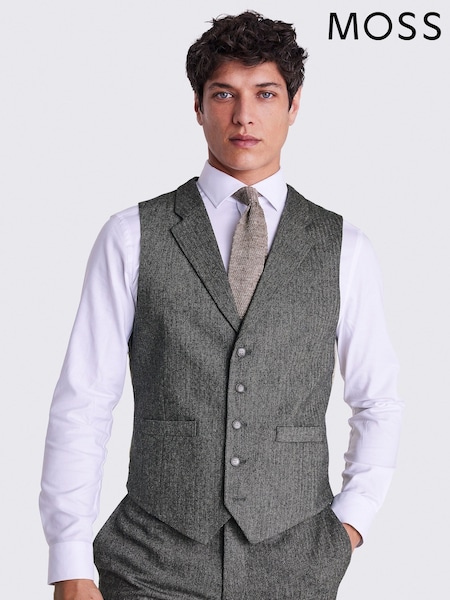MOSS Green Tailored Fit Herringbone Suit: Waistcoat (T20595) | SGD 166 - SGD 174