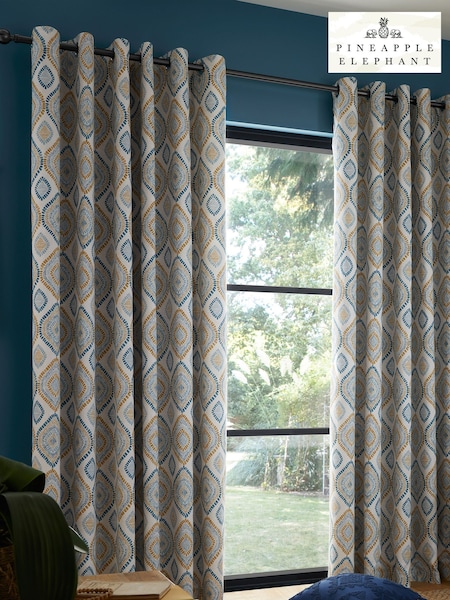 Pineapple Elephant Teal Blue Ziri Eyelet 100% Cotton Curtains (T22028) | €17 - €48
