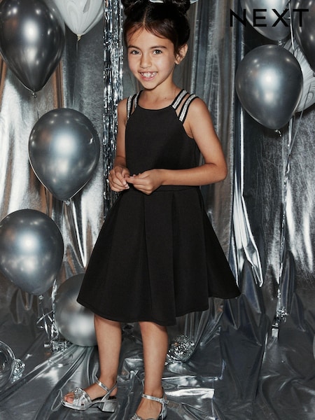 Black Diamanté Sparkly Strap Scuba Occassion Dress (3-16yrs) (T23362) | €19 - €24