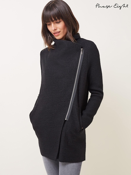 Phase Eight Black Byanca Zip Knit Coat (T24088) | ₪679
