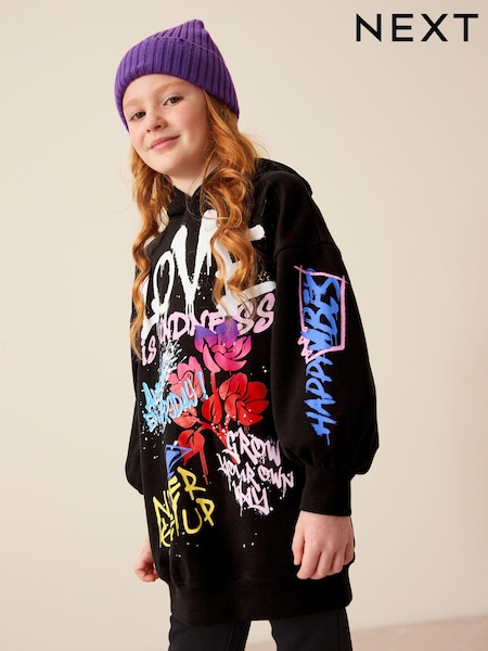 Black Graffiti Printed Longline Hoodie (3-16yrs) (T24180) | €15 - €19