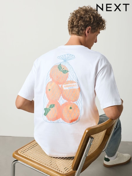 Ecru White Oranges - Relaxed Fit Graphic Print Heavy Weight T-shirt