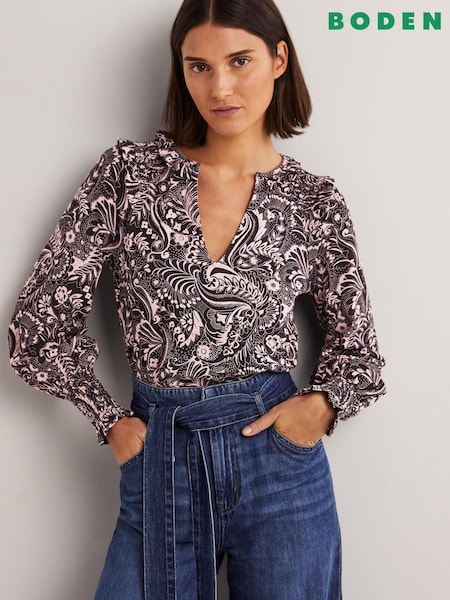 Boden T1034 Notch Neck Smocked Black Frill Top (T26399) | €34