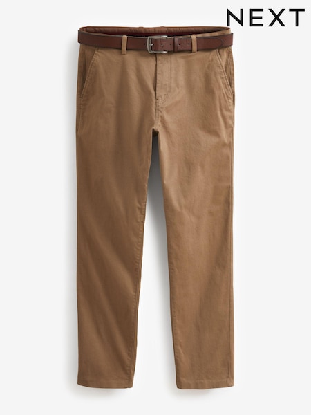Tan Brown Straight Fit Belted Soft Touch Chino Trousers (T26835) | €40