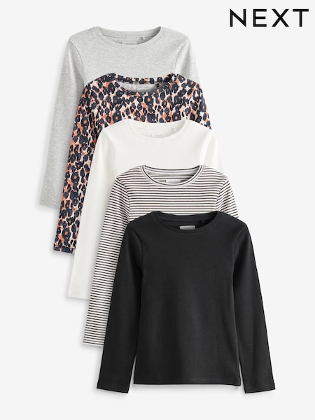 Negro/diseño animal/blanco/rayas - 5 Pack Ribbed Long Sleeve Tops (3-16yrs) (T28141) | 33 € - 41 €