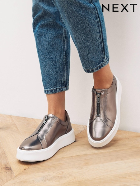 Pewter Silver Signature Forever Comfort® Leather Chunky Zip Trainers (T30766) | €33.50