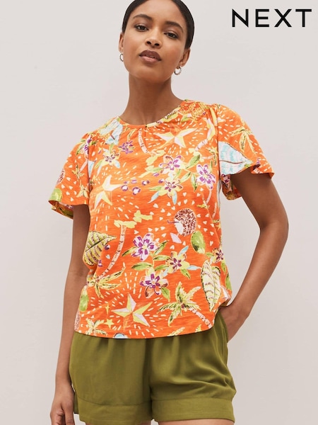 Orange Tropical Smocked Short Sleeves Round Neck Top (T30837) | €11.50