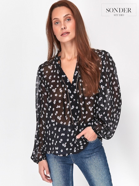 Sonder Studio Black Blossom Print Trim Blouse (T33158) | € 12