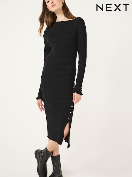 Black Ribbed Gold Button Knitted Midi Dress (T33489) | € 12