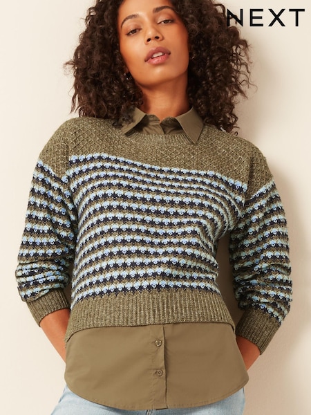 Olive Green Stripe Gem Button Layer Jumper (T34542) | €44