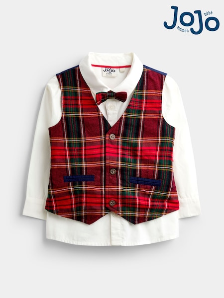 Dark Red Tartan - Jojo Maman Bébé 3-piece Bow Tie Waistcoat & Shirt Set
