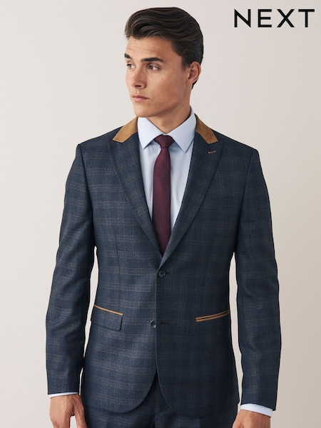 Синий - Зауженный крой - Trimmed Check Suit Jacket (T37841) | €36