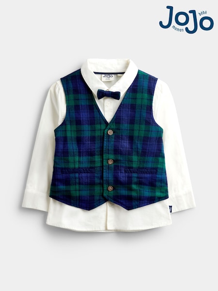 Navy Blue Tartan - Jojo Maman Bébé 3-piece Bow Tie Waistcoat & Shirt Set