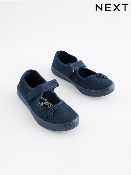 Navy Blue Standard Fit (F) Butterfly Embroidered School Plimsoll Shoes (T40450) | $12 - $15