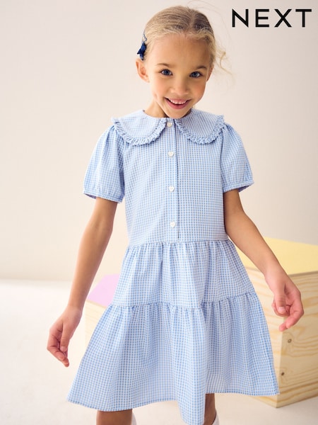 Blue Cotton Rich School Gingham Tiered Pretty Collar Dress (3-14yrs) (T40874) | AED46 - AED71