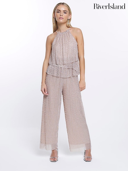 River Island Petite Metallic Halter Neck Frill Jumpsuit (T41294) | €30