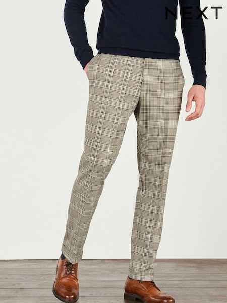 Taupe Slim Tapered Check Formal Trousers (T41426) | €12