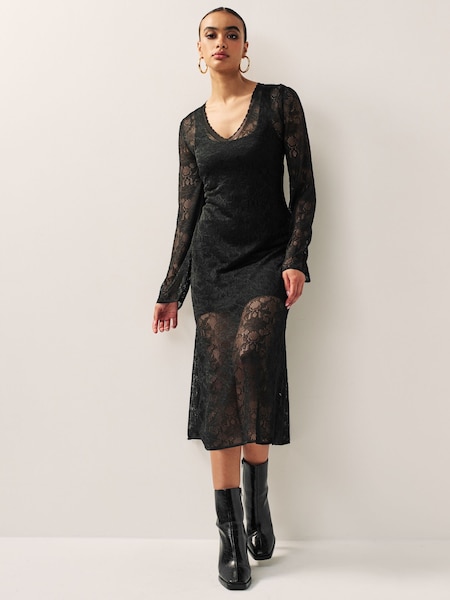 Черный - Knit Lace Maxi Dress (T44510) | €10