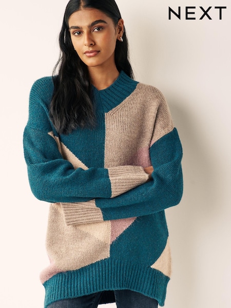 Teal Blue Pattern High V-Neck Jumper (T44637) | €17