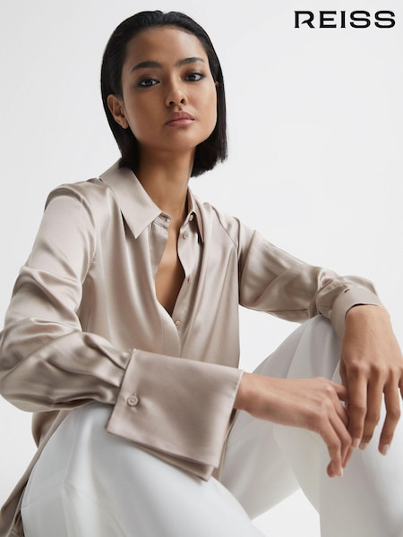 Reiss Champagne Hailey Silk Double-Cuff Button-Through Shirt (T44880) | €301