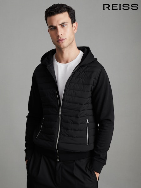 Reiss Black Taylor Hybrid Quilt and Knit Zip-Through Hooded Jacket (T44911) | AED1,282