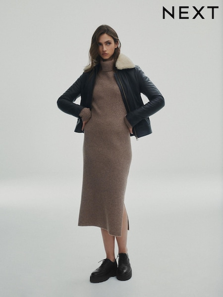 Mole Brown Premium 100% Wool Roll Neck Midi Dress (T47341) | €33