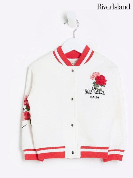River Island Ecru Cream Mini Girls 100% Cotton Floral Bomber Jacket (T48108) | €37