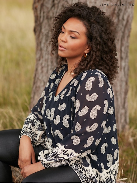 Live Unlimited Curve and Stone Paisley Print Ruched Front Black Blouse (T48114) | €43.50