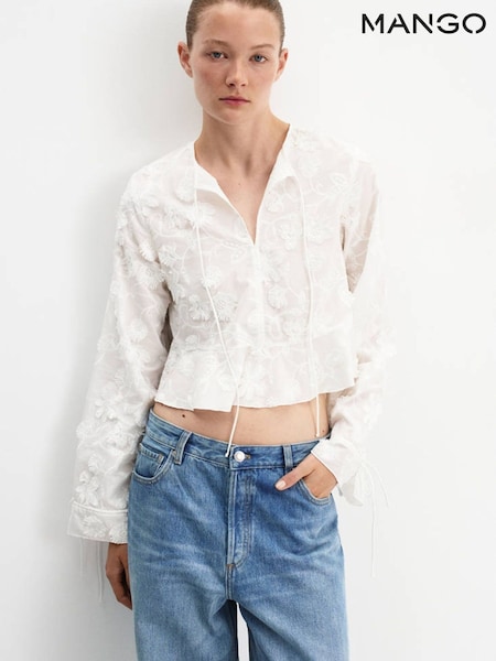 White - Mango Cotton Floral Embroidered Blouse