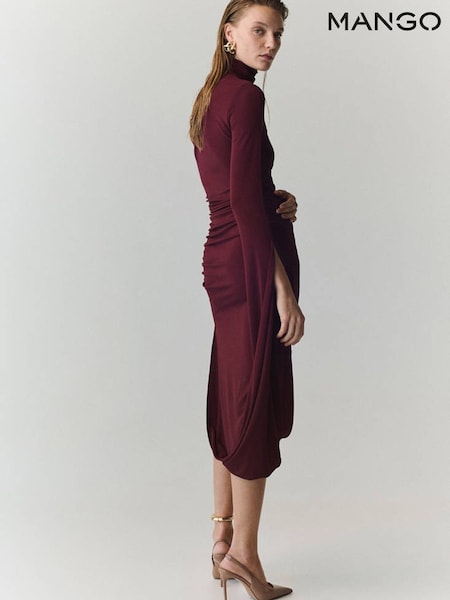 Red - Mango One Shoulder Ruched Midi Dress
