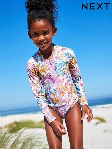 Purple Floral Long Sleeved Swimsuit (3-16yrs) (T52487) | €9 - €12