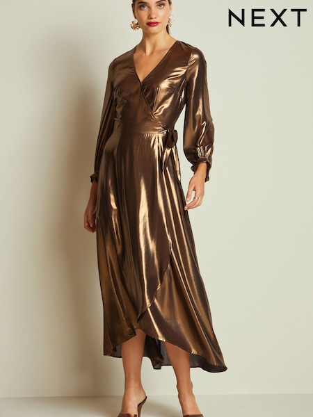 Bronze Metallic Wrap Front Midi Dress (T54060) | €48