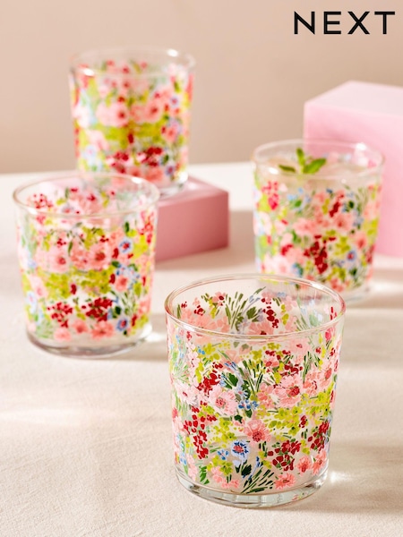 Pink Lisse Floral Set of 4 Short Tumbler Glasses (T54156) | $36
