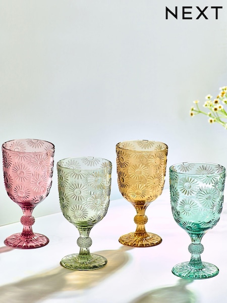 Multi Set of 4 Lisse Floral Pressed Wine Glasses (T54158) | € 27