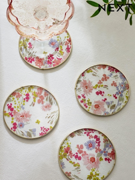 Set of 4 Pink Lisse Floral Glass Coasters (T54257) | $26
