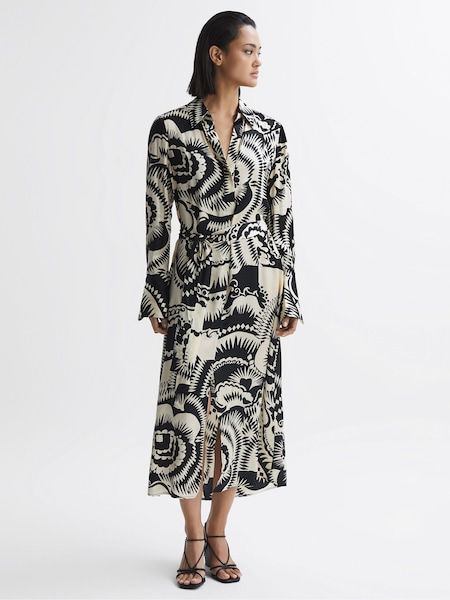 Reiss Black/White Tilly Printed Long Sleeve Midi Dress (T55109) | €95