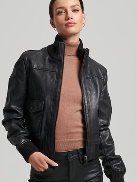 Superdry Black Knit Collar Leather Bomber Jacket (T55281) | €159