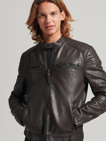 Superdry Grey Leather Moto Racer Jacket (T55598) | €165