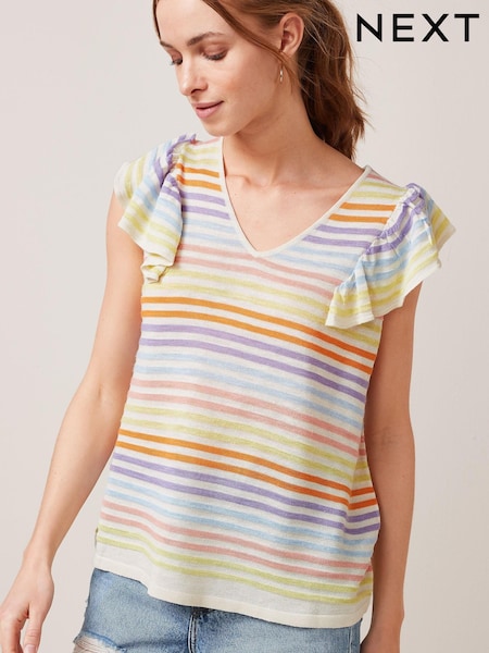 Regenbogenfarben gestreift - Linen Mix Ruffle Sleeve Top (T56651) | 10 €