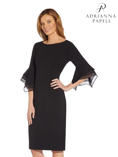 Adrianna Papell Black Knit Crepe Tiered Sleeve Dress (T57153) | 643 QAR